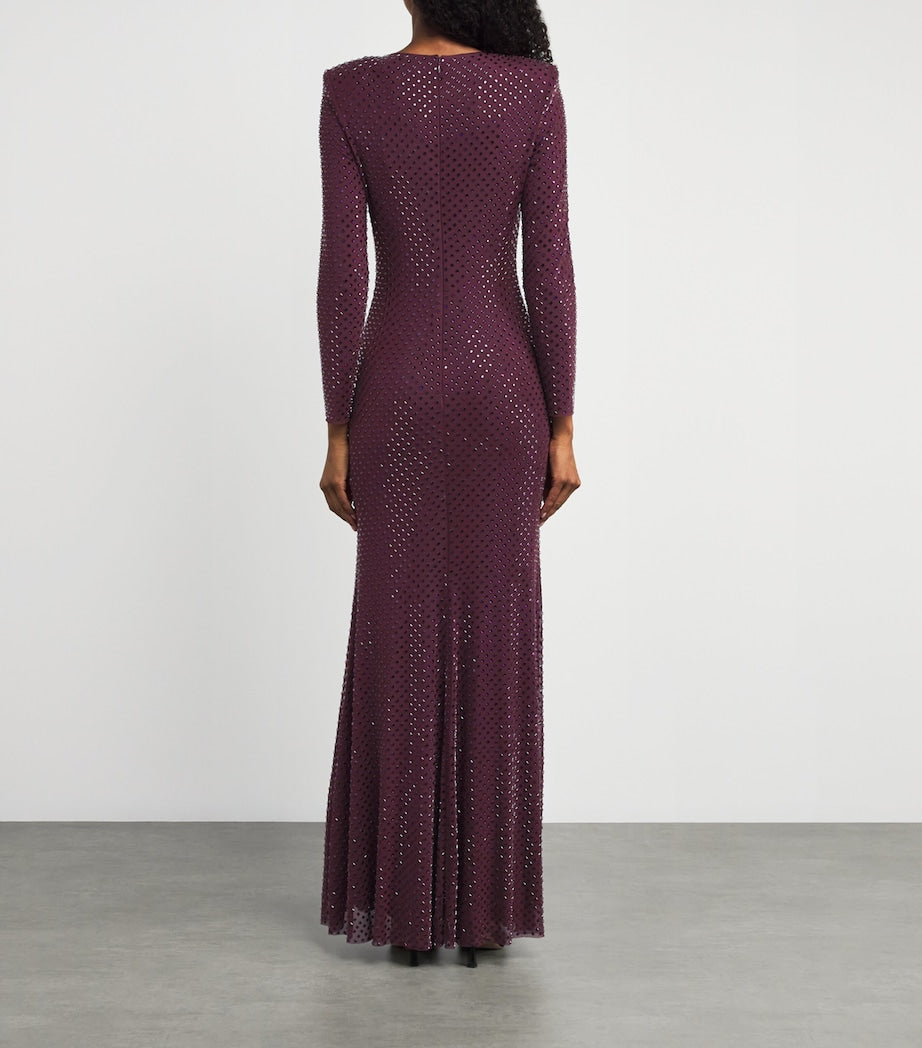 Self-Portrait Burgundy Crystal Long-Sleeve Maxi Dress