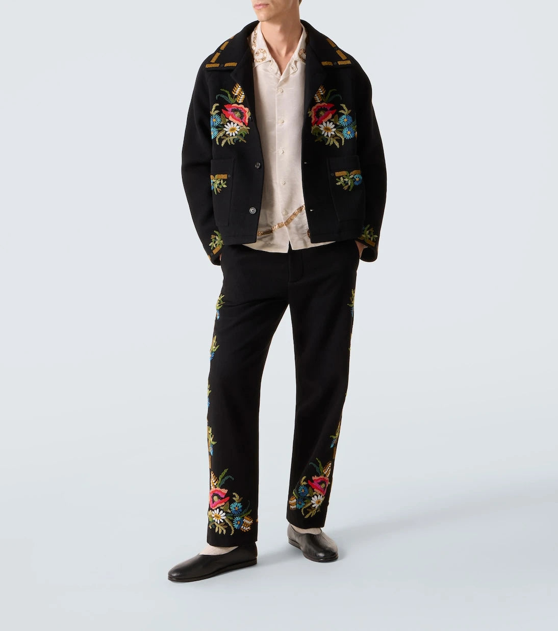 Bode - Beaded Aquitaine wool straight pants