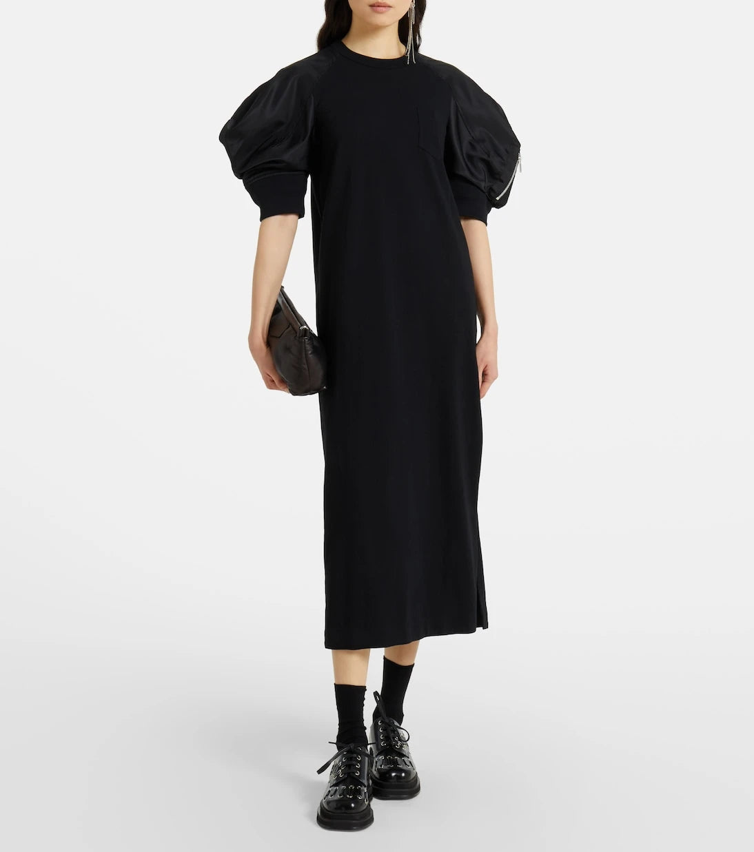 Sacai - Puff-sleeve cotton-blend jersey midi dress