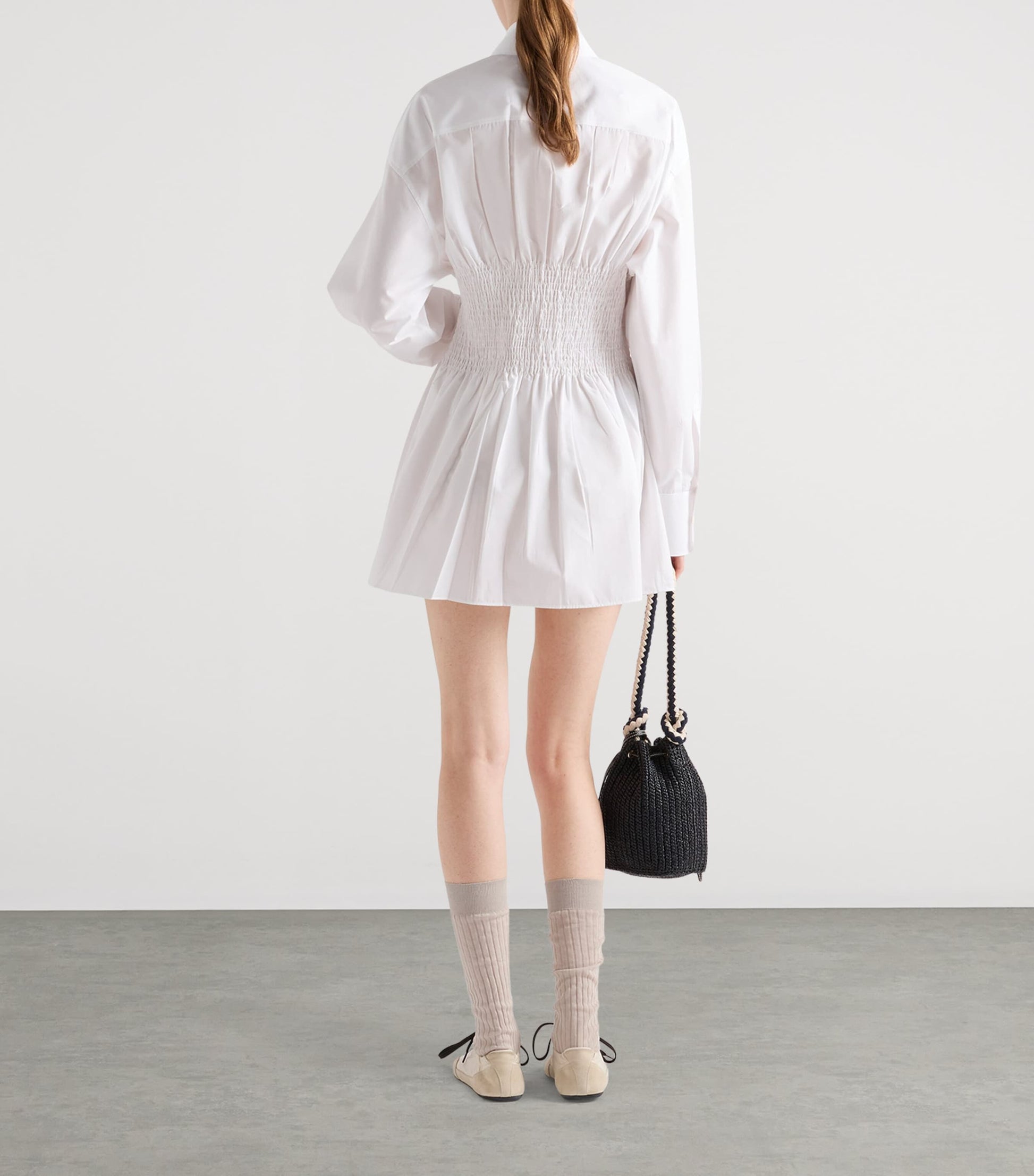 White Poplin Smocked-Waist Shirt Dress
