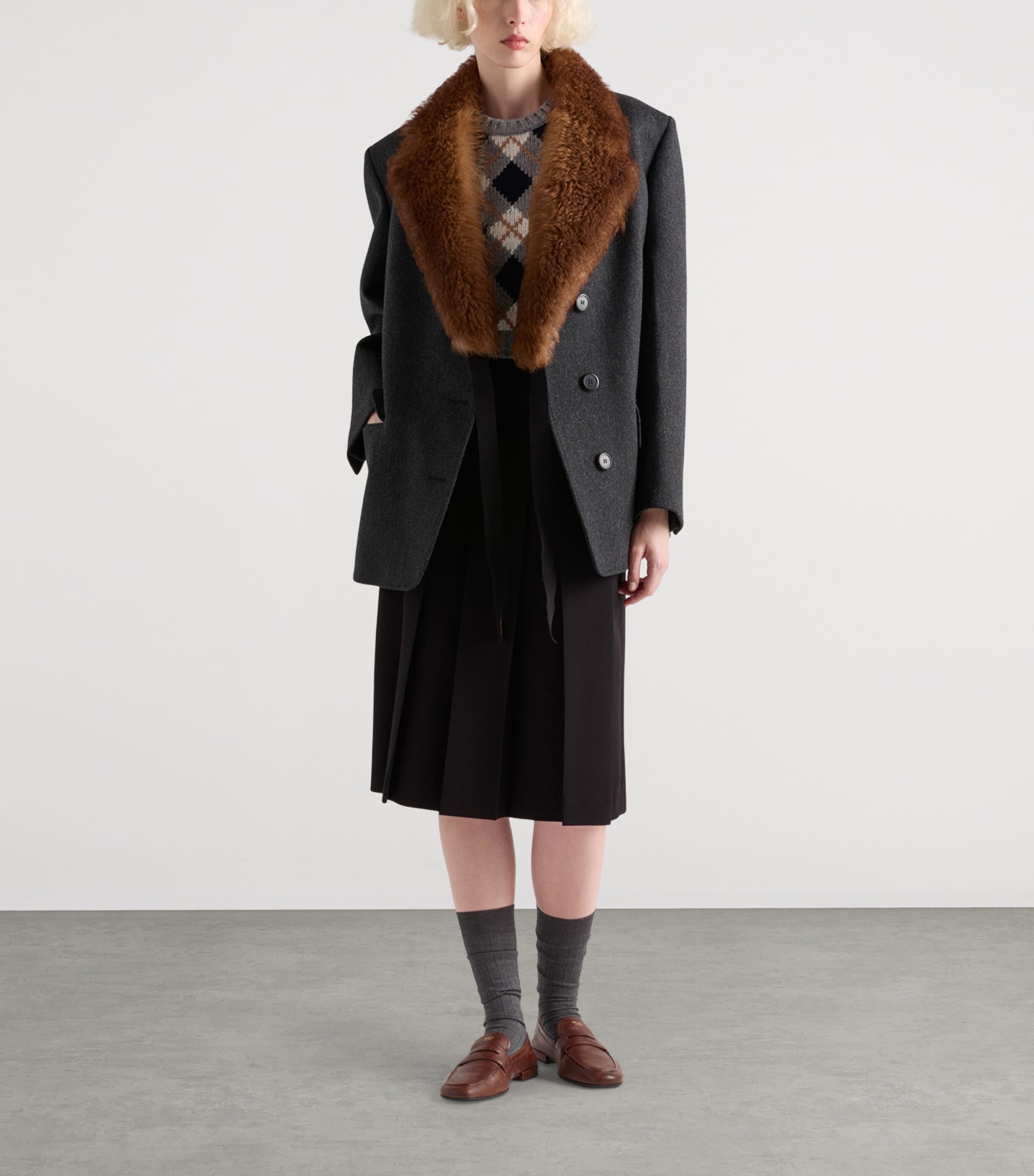 Grey Cashmere Argyle Short-Sleeve Sweater