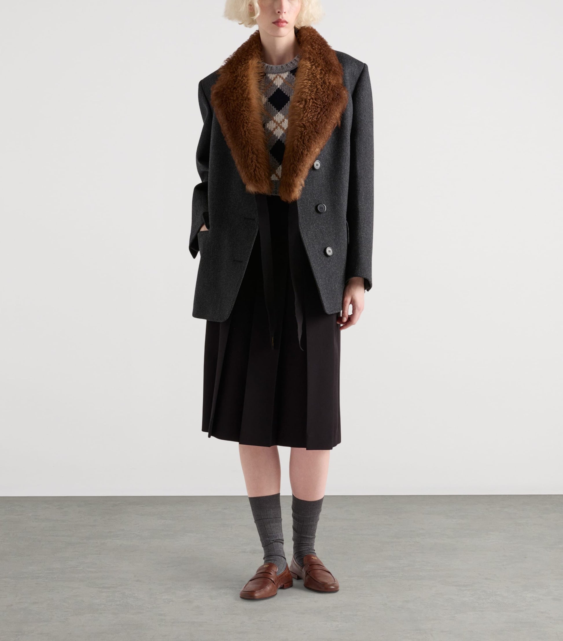 Grey Cashmere Argyle Short-Sleeve Sweater