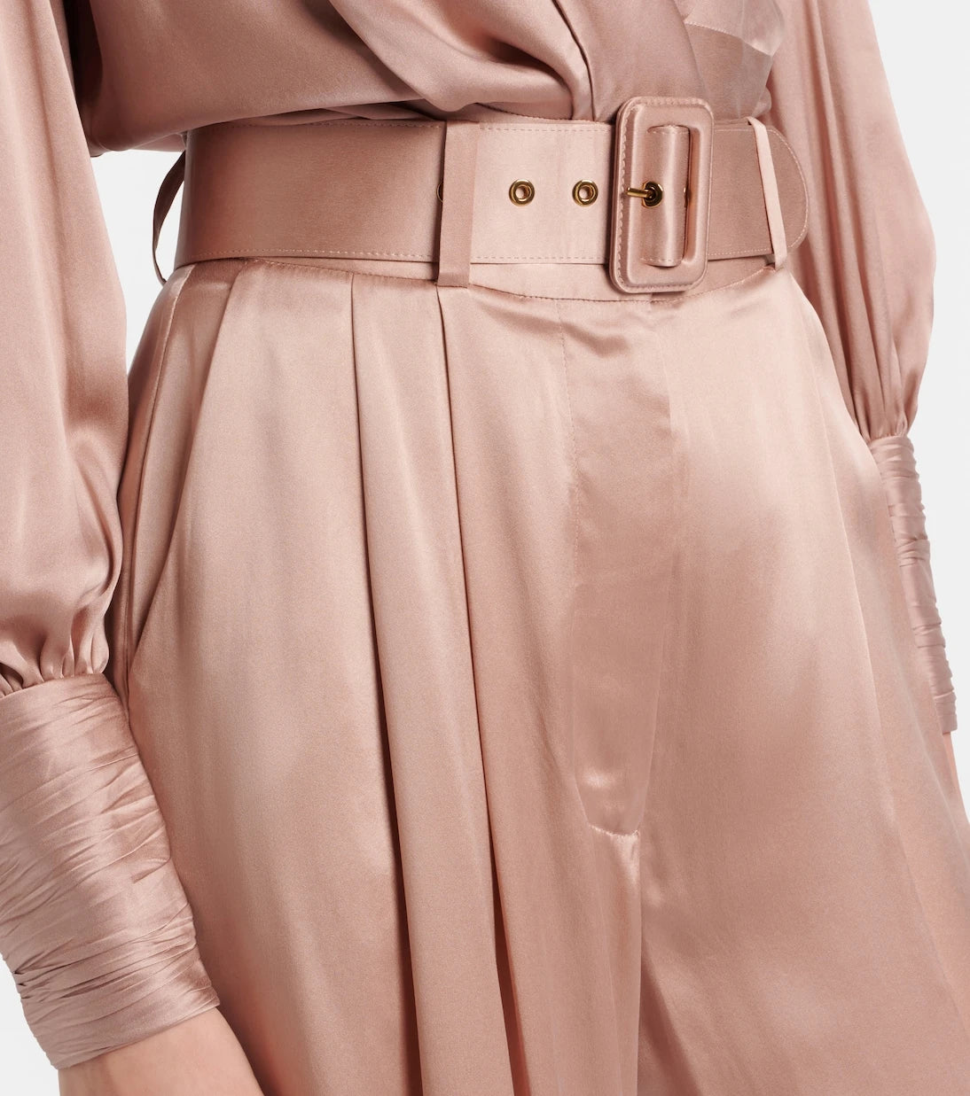 Zimmermann - Belted pleated silk satin wide-leg pants