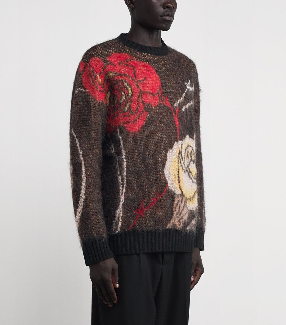 AMIRI Black Mohair-Wool-Blend Floral Sweater