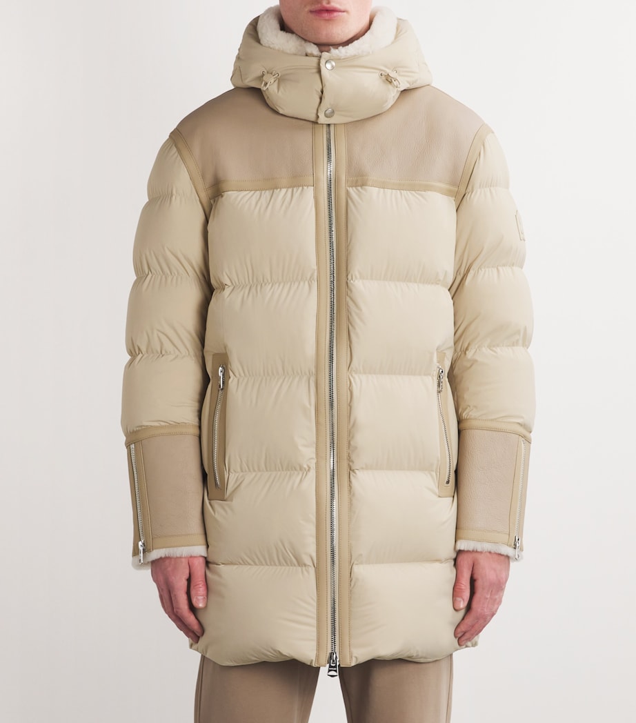 Beige Down Leather-Trim Parka