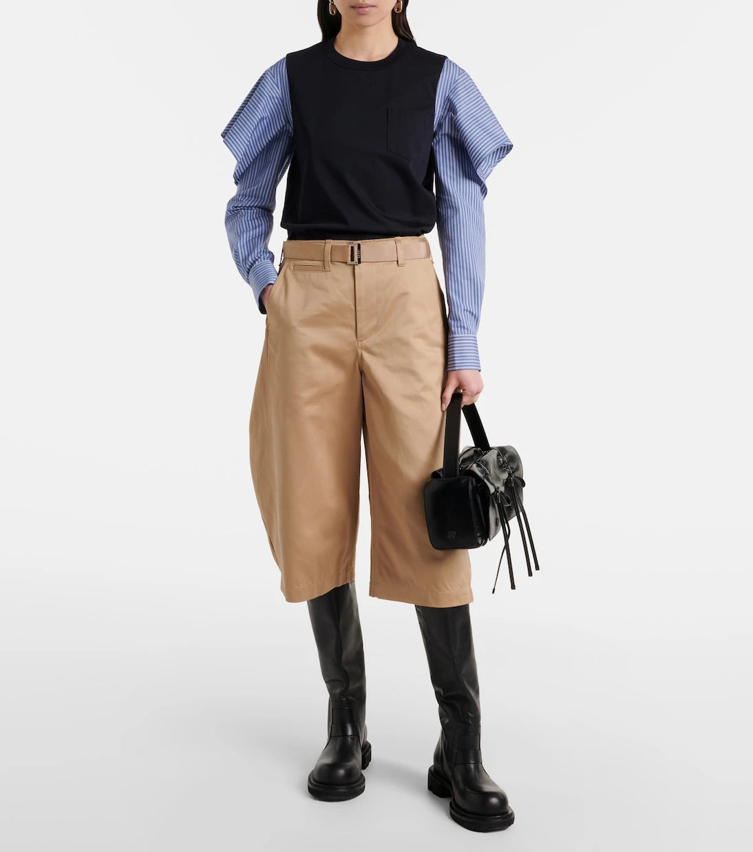 Sacai - قميص من جيرسي و بوبلين القطن مخطط