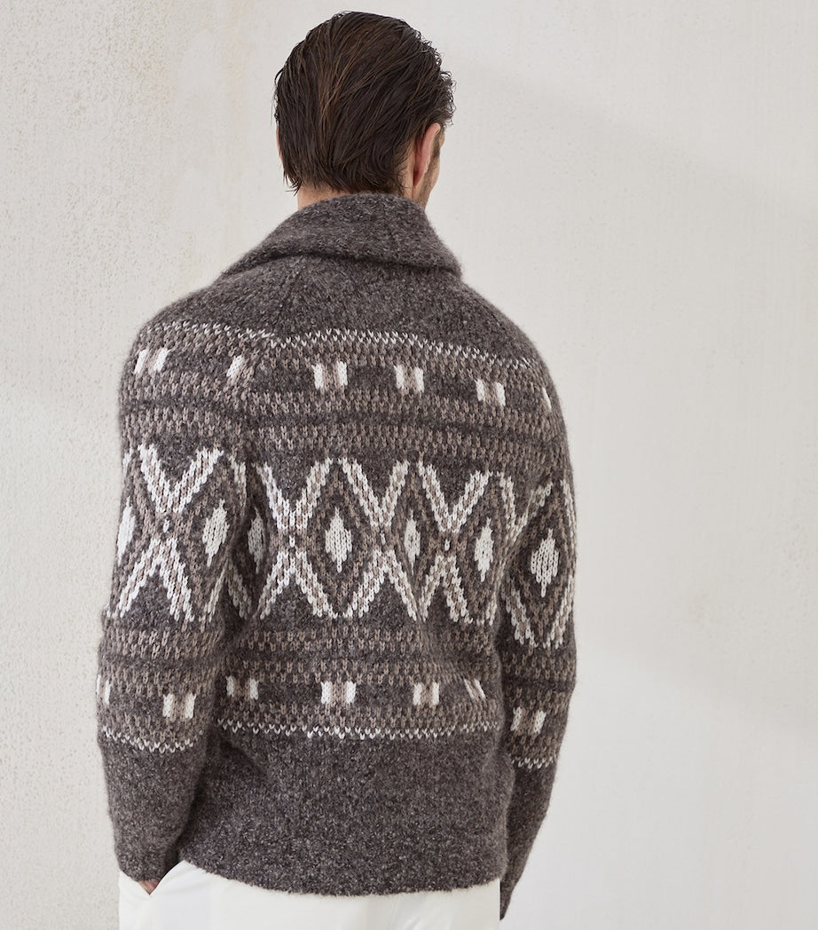 Brown Alpaca-Virgin Wool-Cashmere Jacquard Cardigan