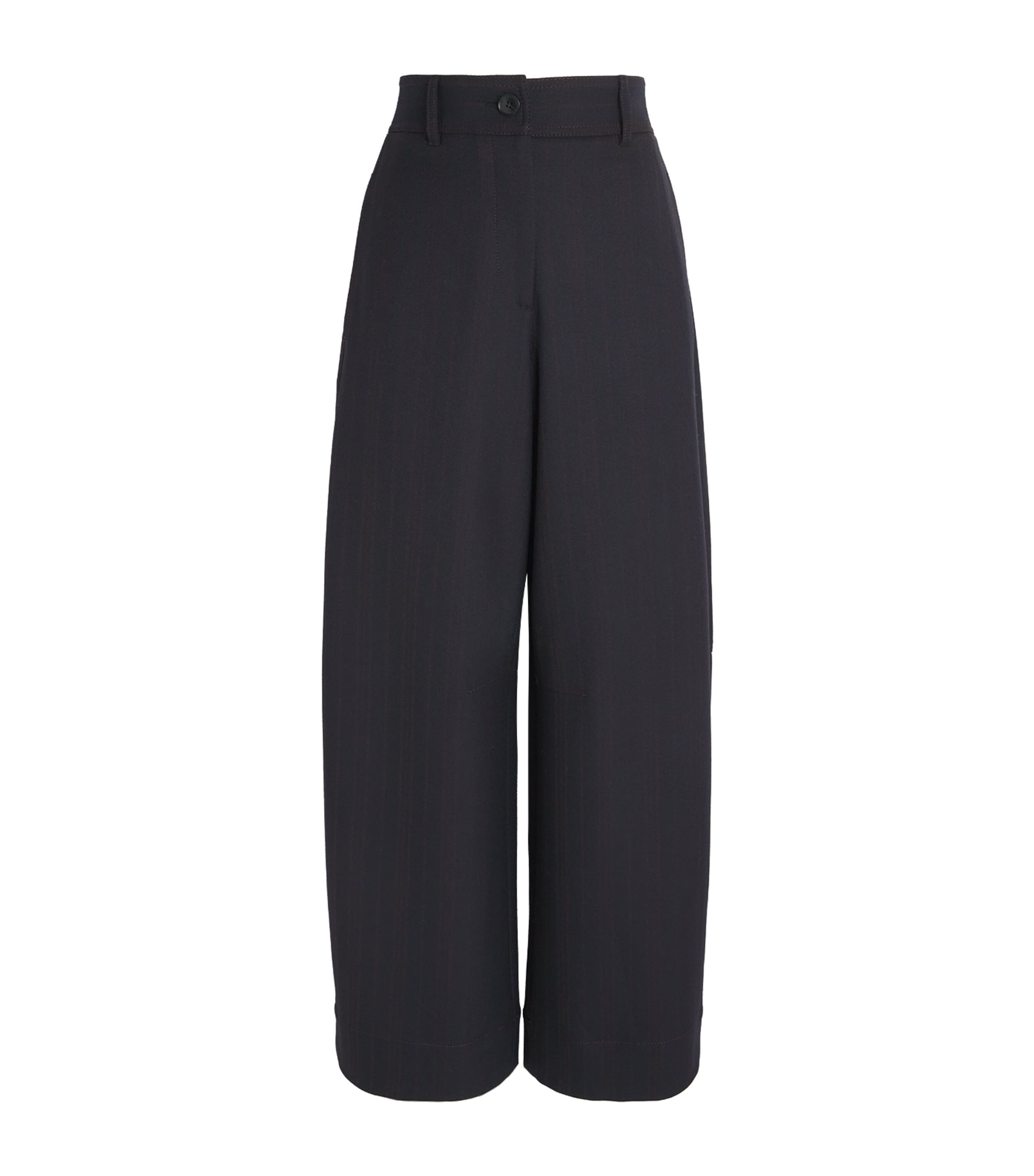 Navy Pinstripe Barrel-Leg Trousers