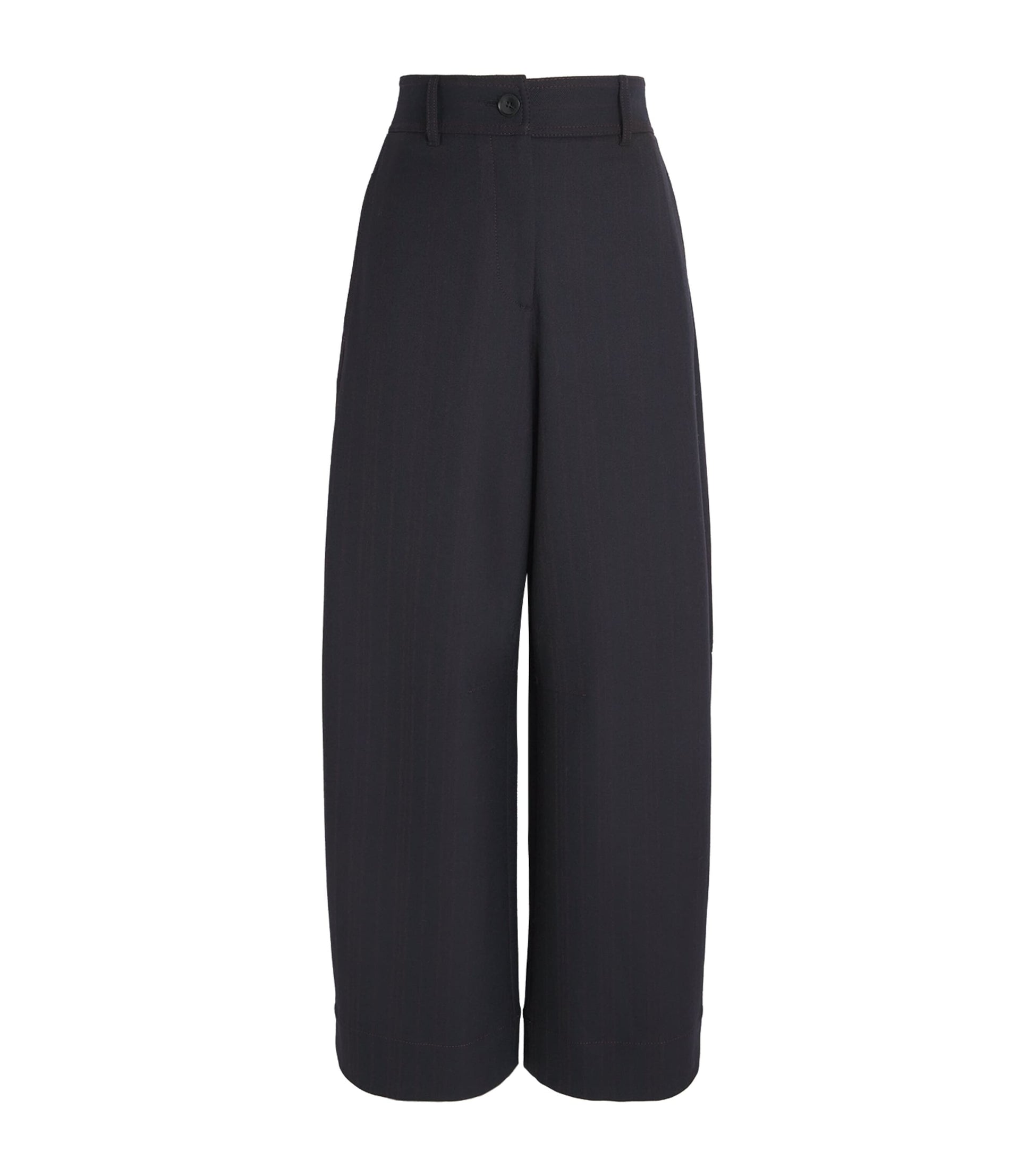 Navy Pinstripe Barrel-Leg Trousers