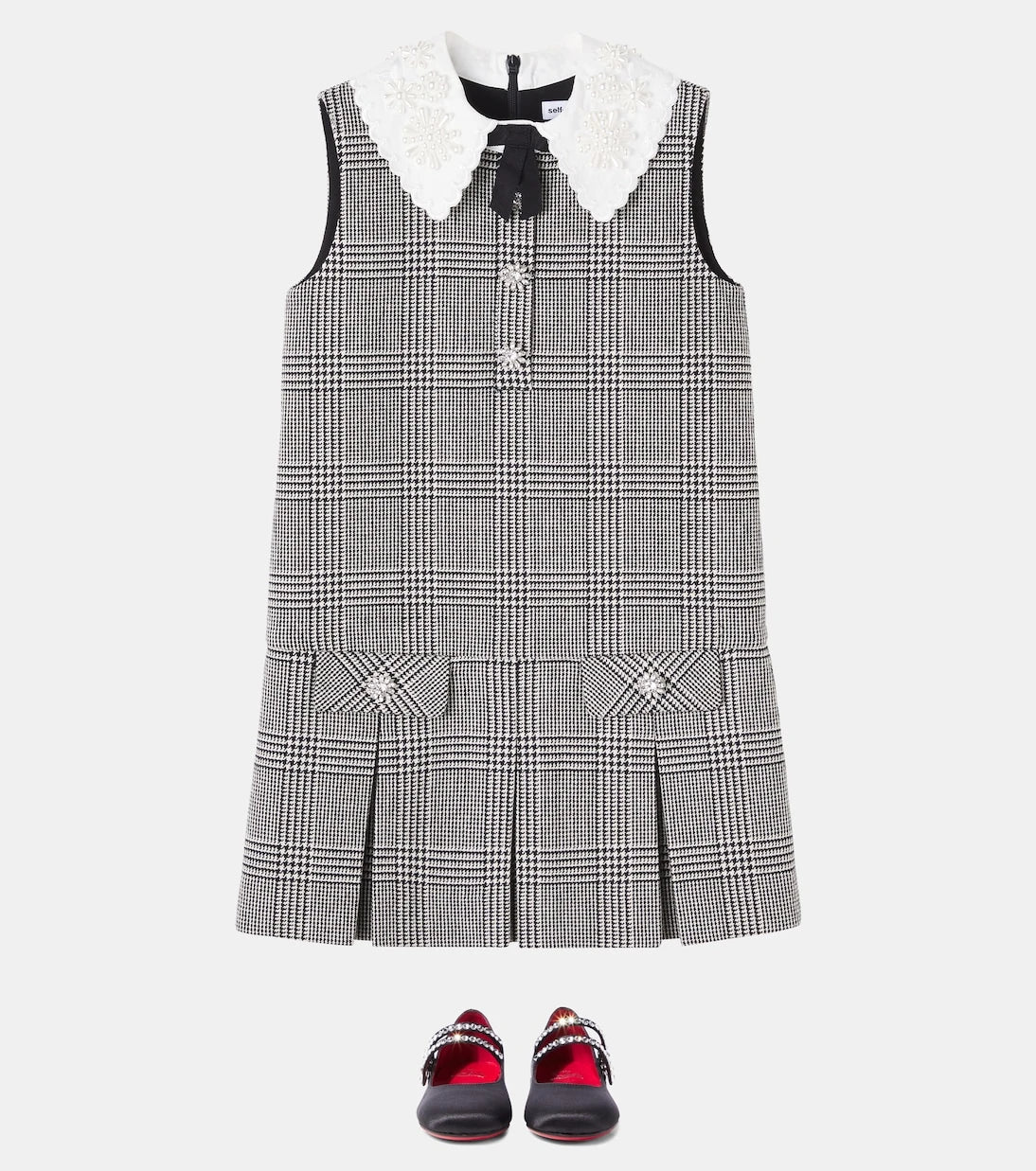 Self-Portrait Kids - Embellished houndstooth wool-blend dress