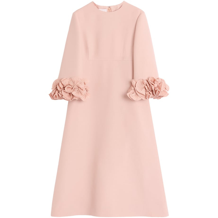 Valentino Pink Wool-Silk Floral-Sleeve Midi Dress