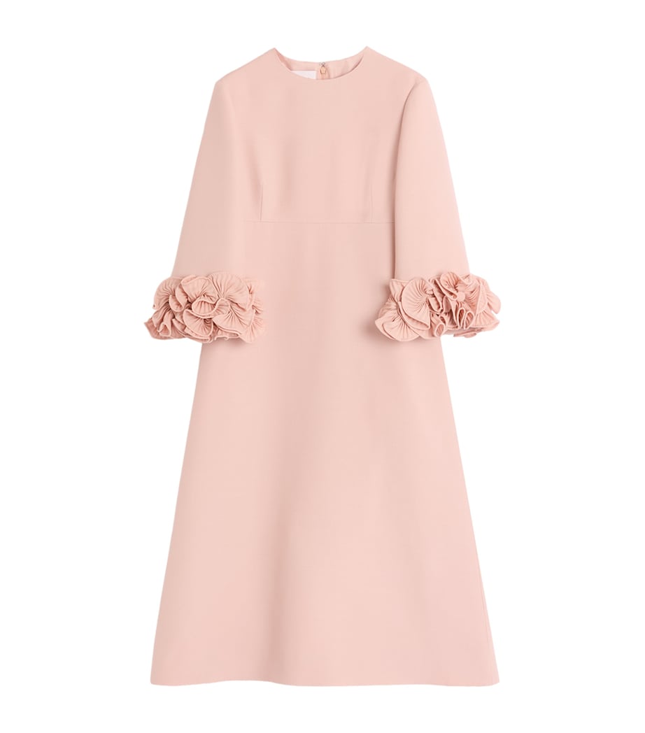 Valentino Pink Wool-Silk Floral-Sleeve Midi Dress