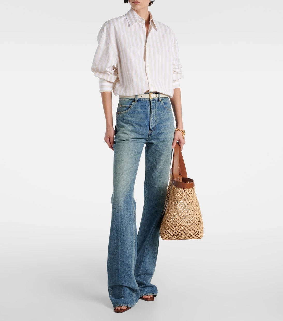 Saint Laurent - Y leather-trimmed raffia tote bag