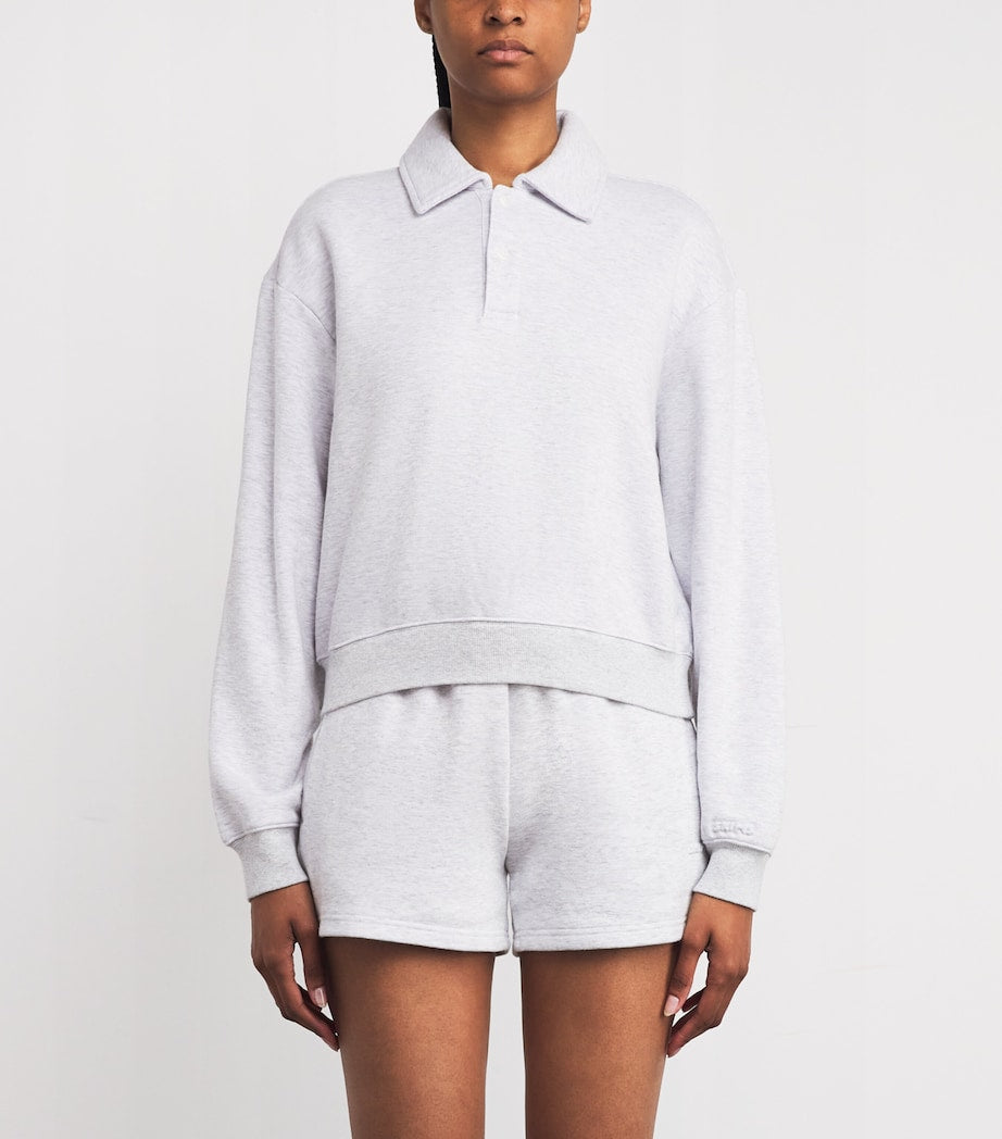 Grey Cotton-Blend Fleece Polo Sweatshirt