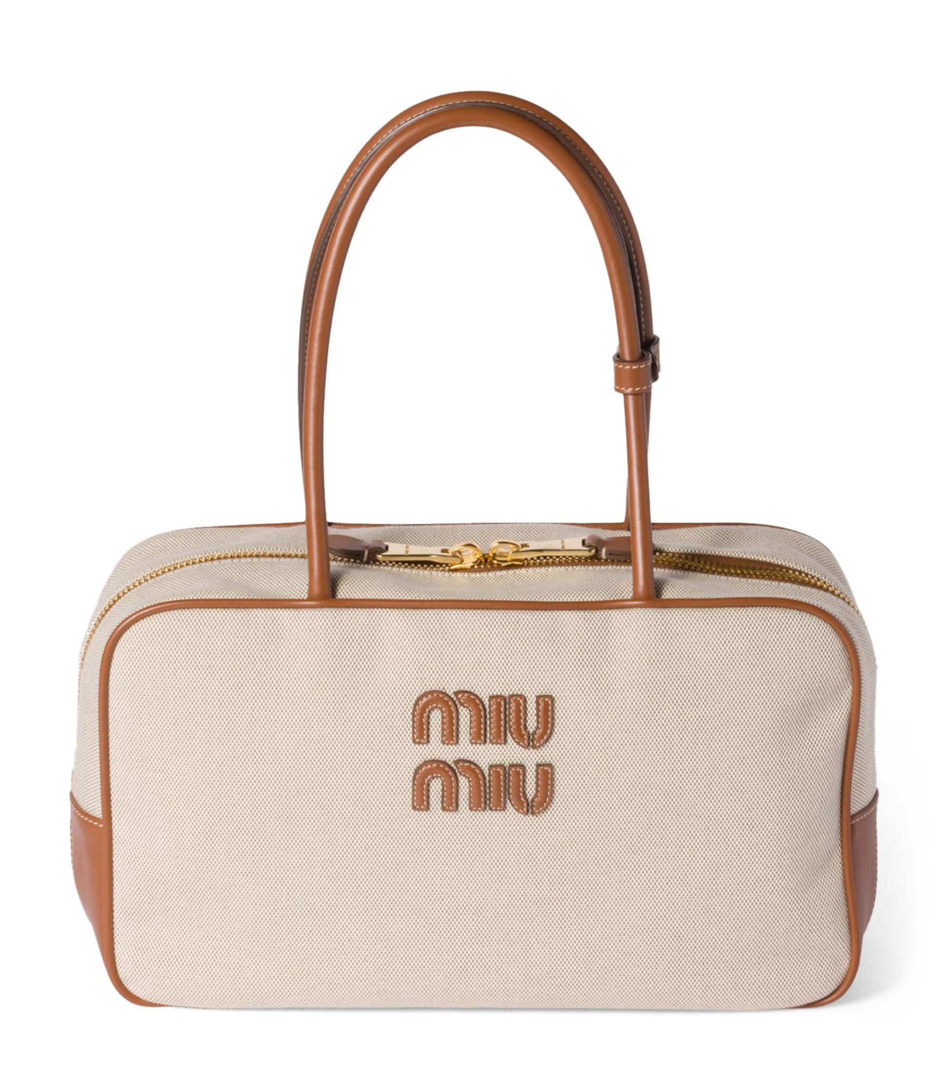 Neutral Leather-Canvas Beau Top-Handle Bag