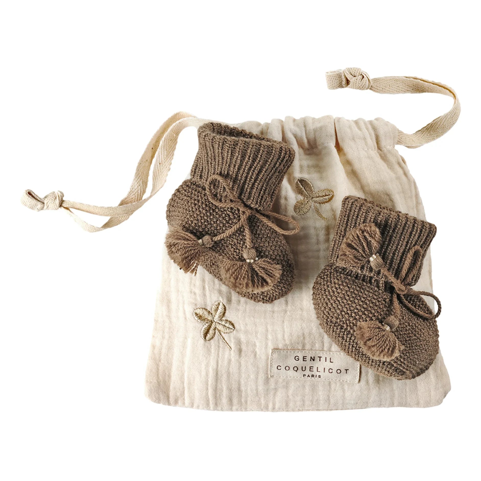 Gentil Coquelicot - Knitted Booties and Embroidered Pouch | Chocolate