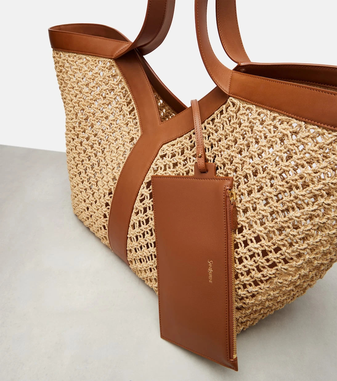 Saint Laurent - Y leather-trimmed raffia tote bag