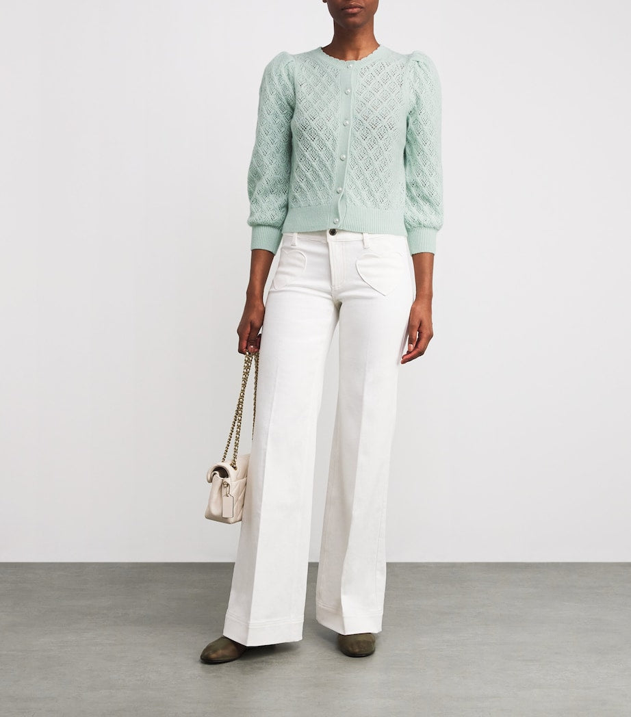 Alice+Olivia White Cashmere Puff-Sleeve Doris Cardigan