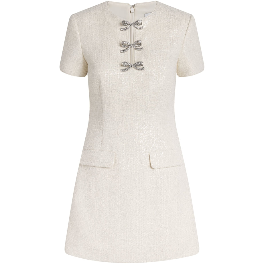Self-Portrait Ivory Sequin Bouclé Bow Midi Dress