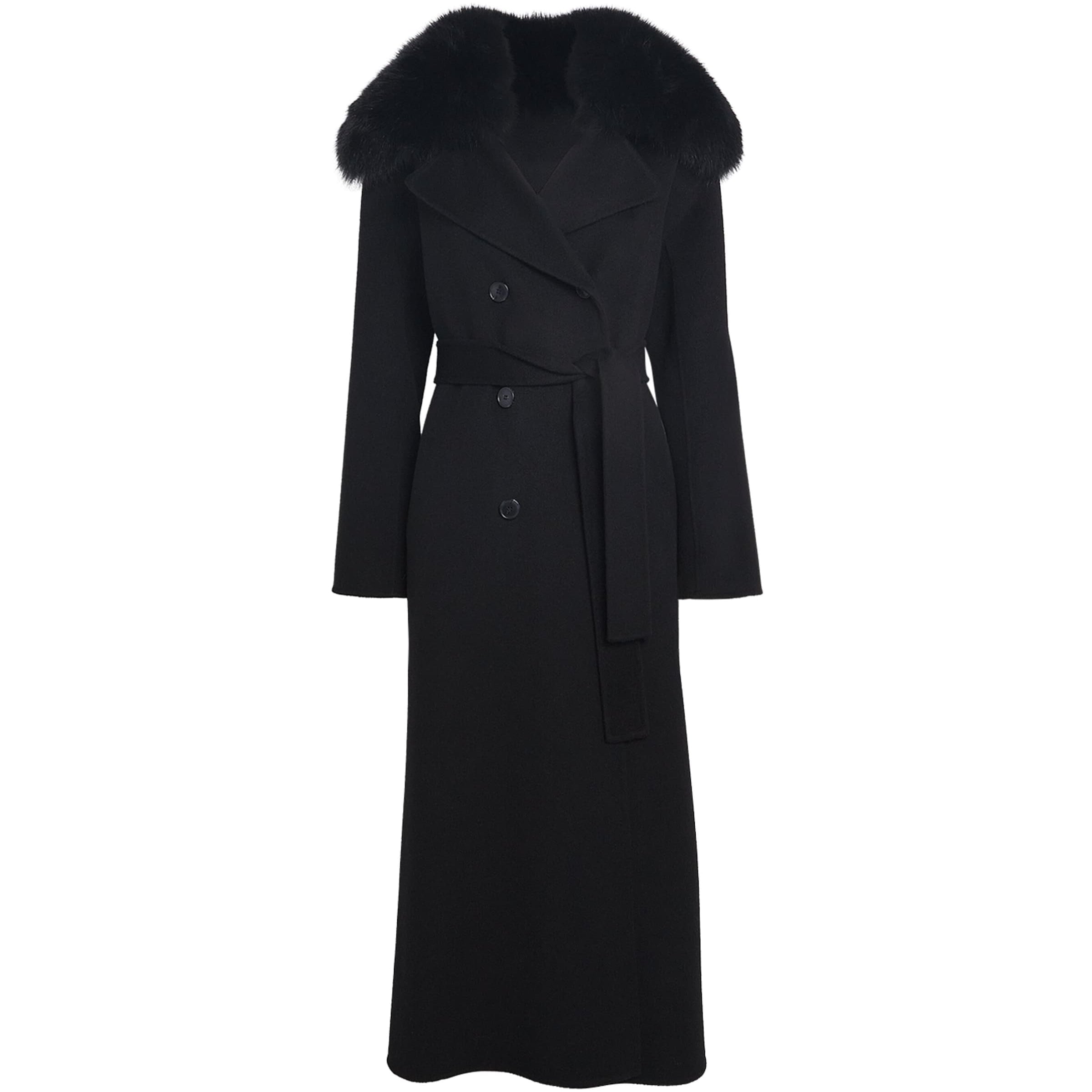 Yves Salomon Black Fur-Trim Double-Breasted Coat