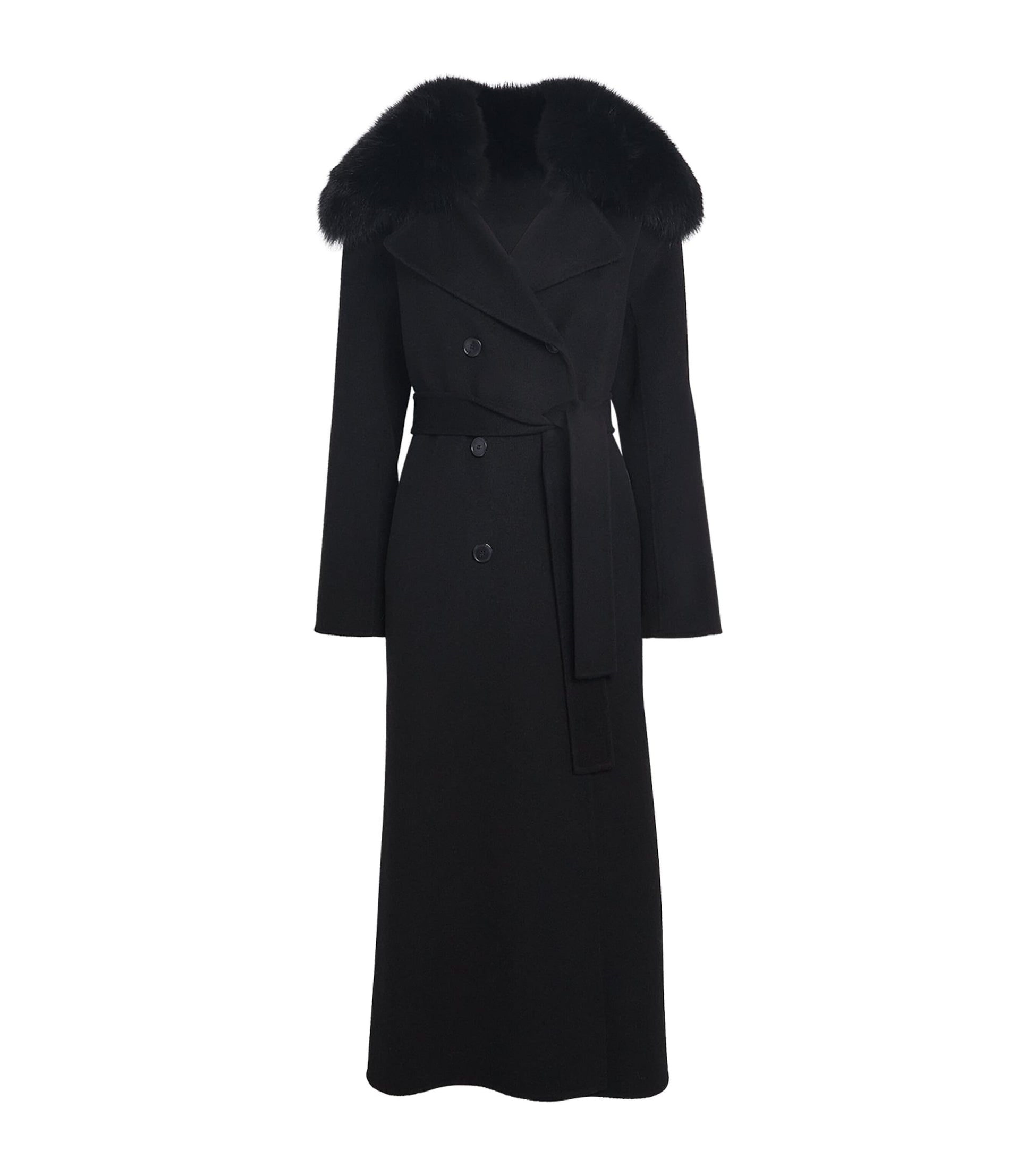 Yves Salomon Black Fur-Trim Double-Breasted Coat