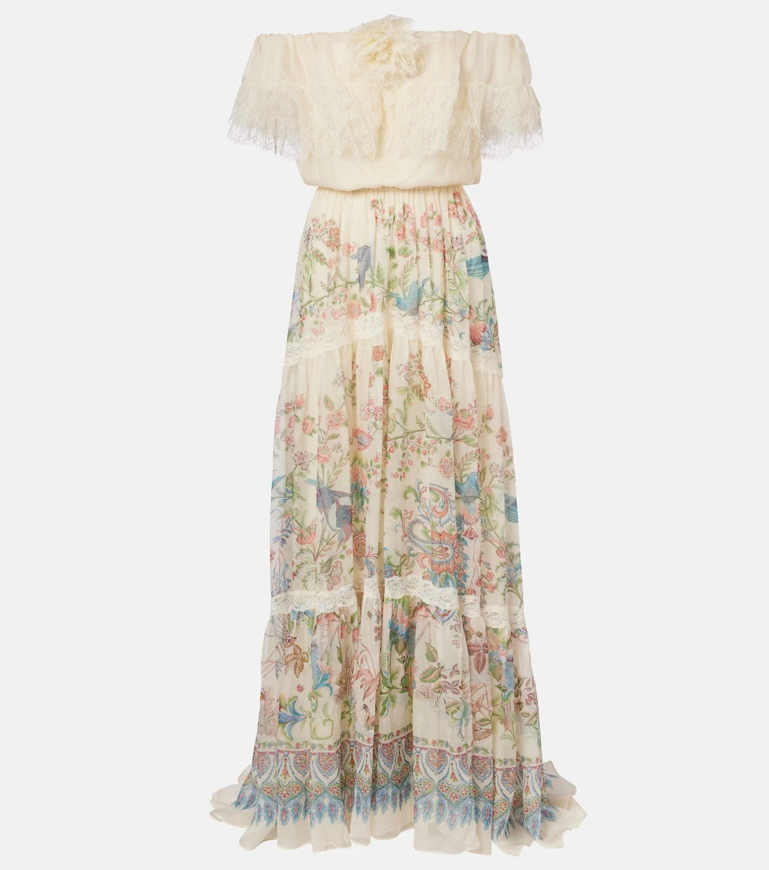 Etro - Lace-trimmed printed off-shoulder silk maxi dress
