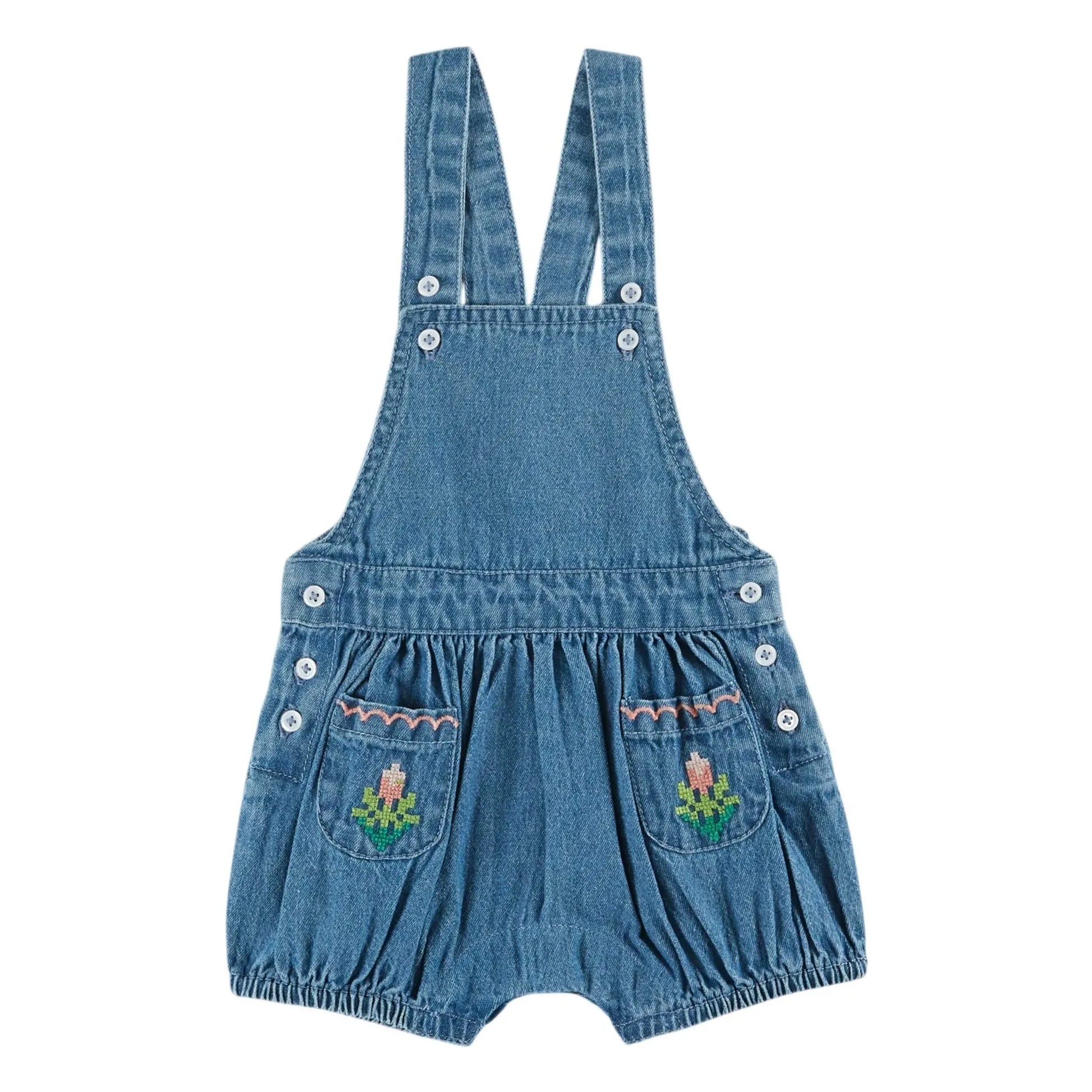 Emile et Ida - Embroidered Denim Short Dungarees | Blue