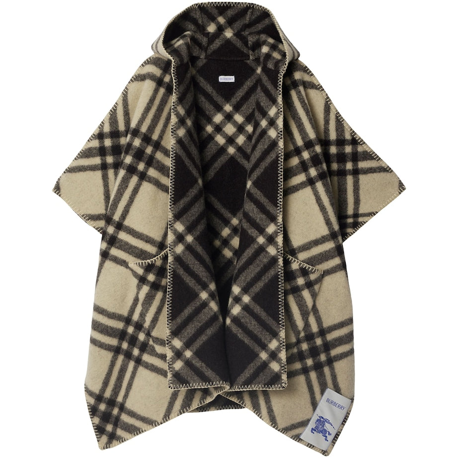 Burberry Beige Wool Reversible Check Hooded Cape