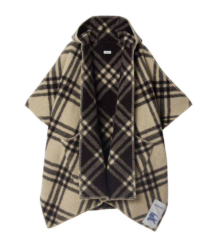 Burberry Beige Wool Reversible Check Hooded Cape