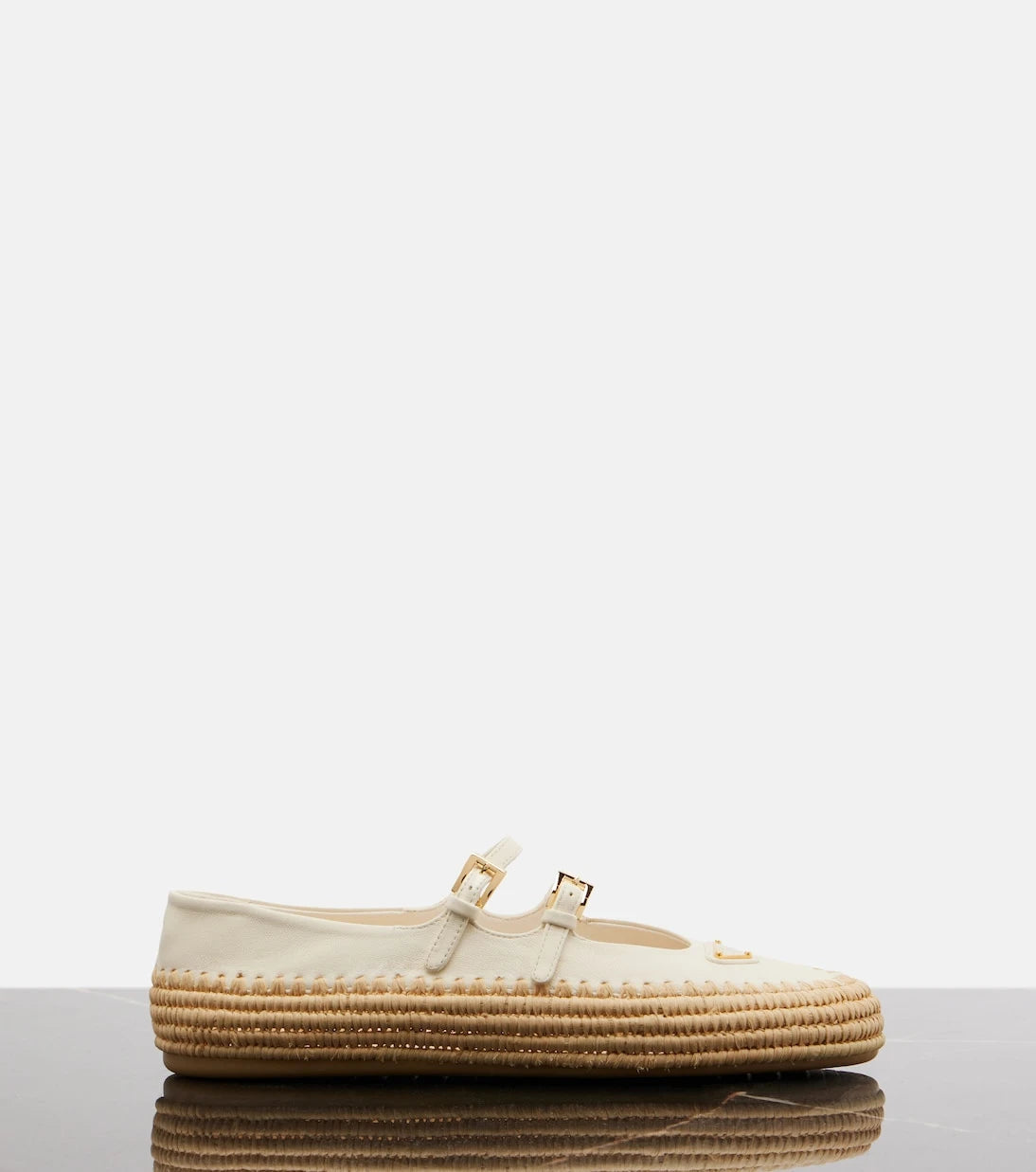 Prada - Leather and raffia Mary Jane flats
