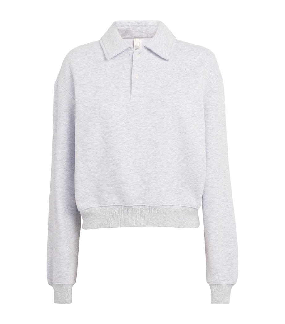 Grey Cotton-Blend Fleece Polo Sweatshirt