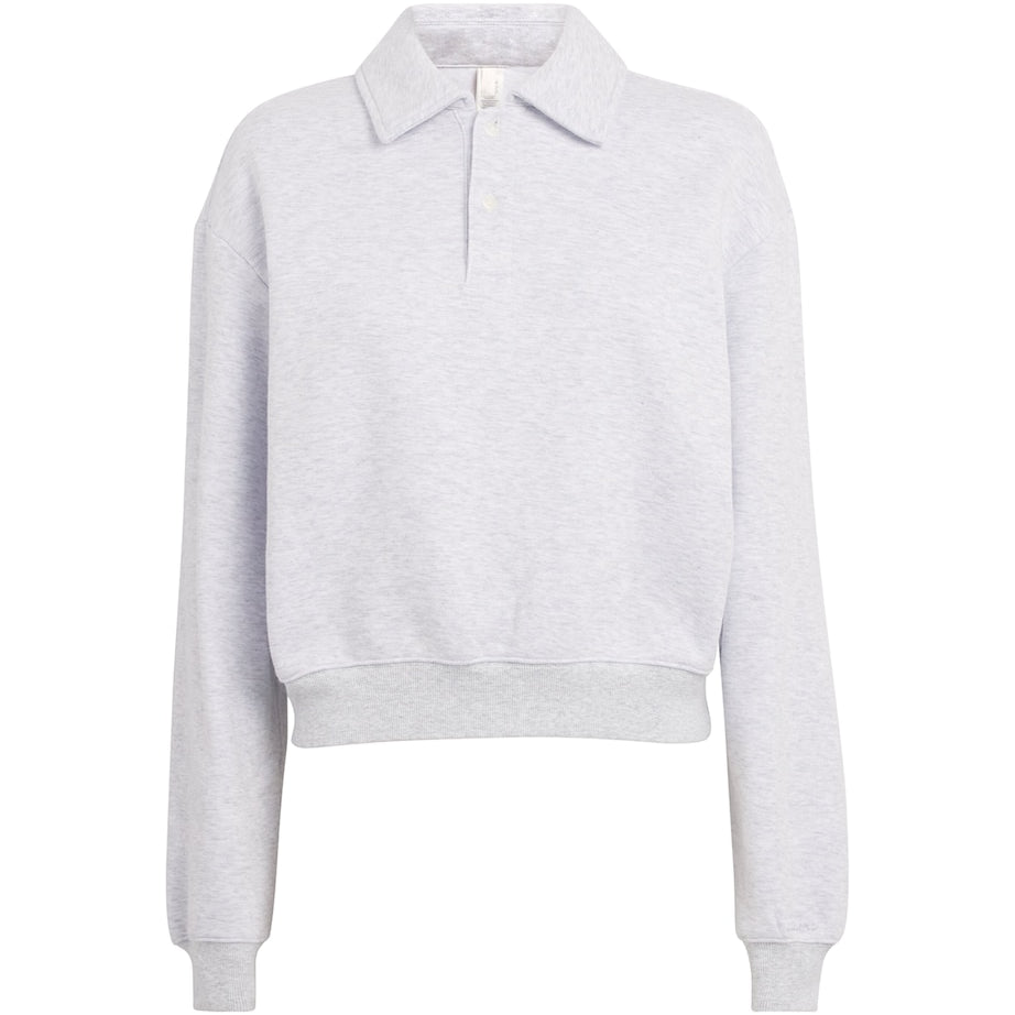 Grey Cotton-Blend Fleece Polo Sweatshirt