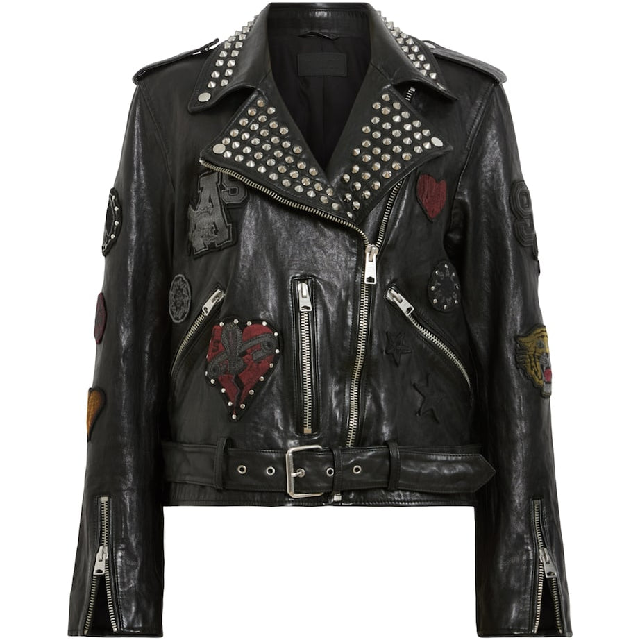 Black Leather College Biker Jacket