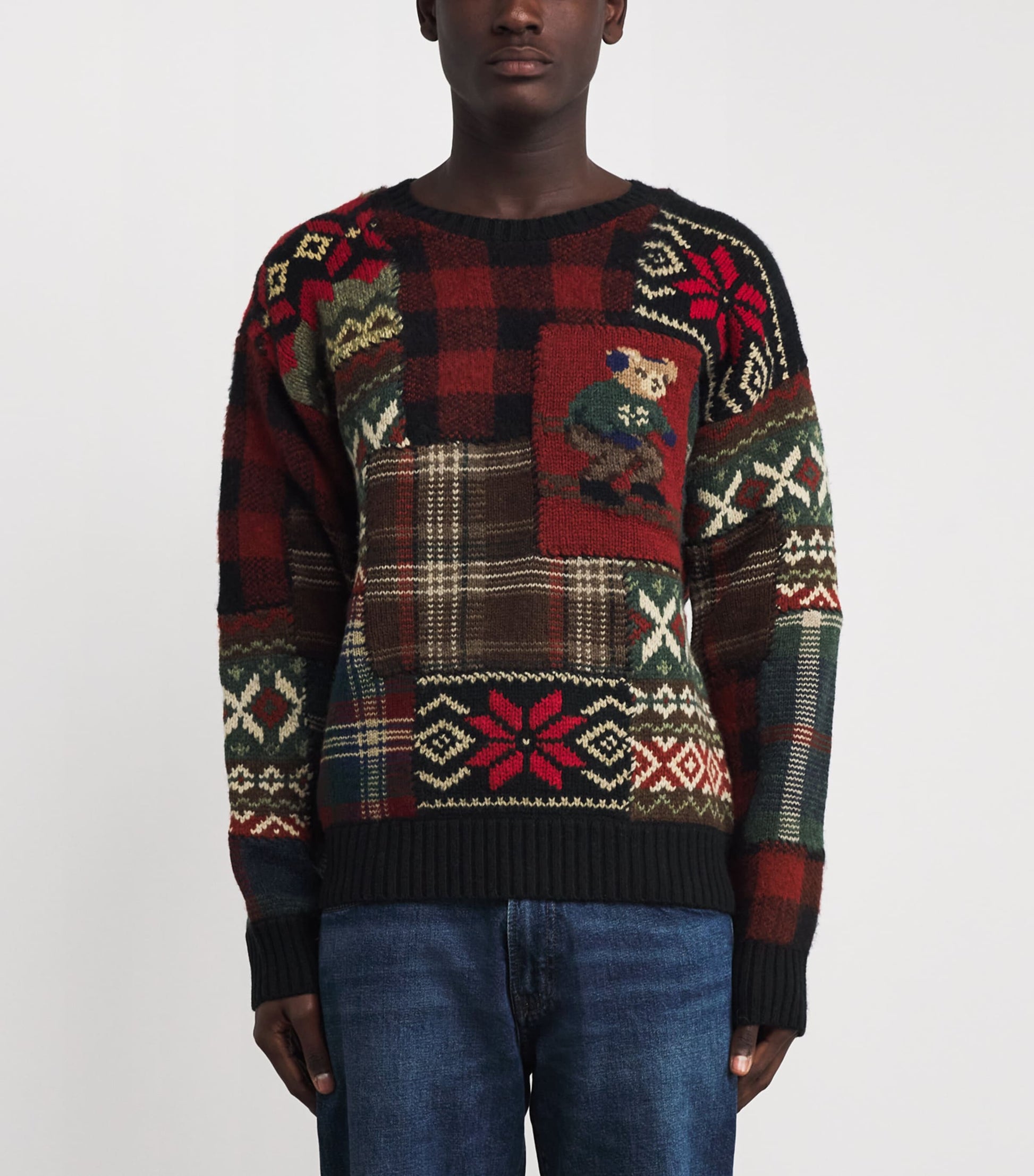 Wool Patchwork Polo Bear Sweater BLACK