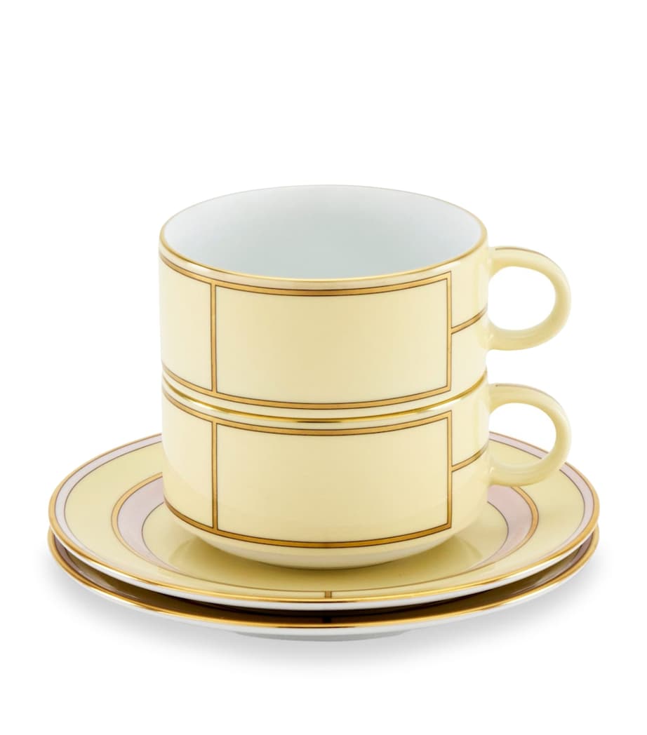 Set of 2 Porcelain Colonna Diva Giallo Teacups and Saucers