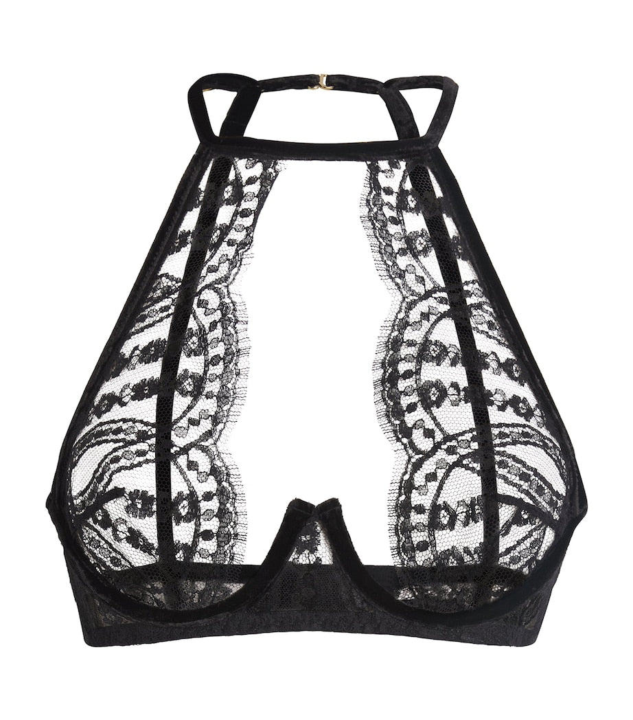 Coco De Mer Black Velvet-Lace Kiana Halterneck Plunge Bra