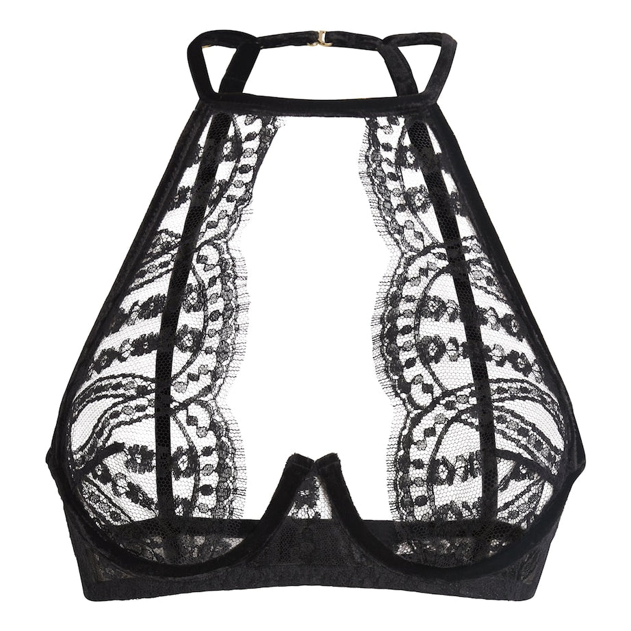 Coco De Mer Black Velvet-Lace Kiana Halterneck Plunge Bra