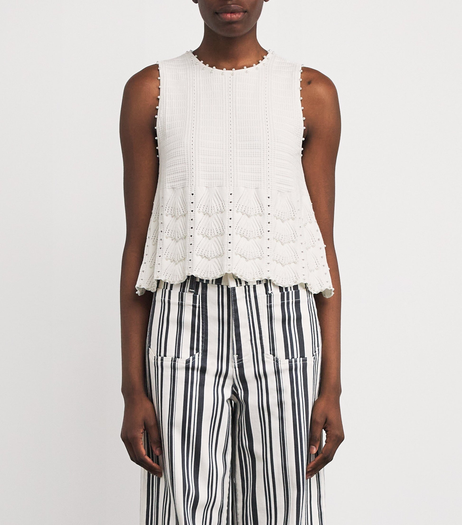 White Pointelle Beaded Sleeveless Top