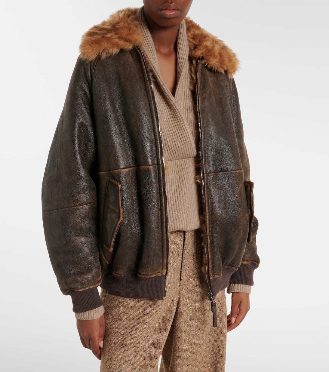 Brunello Cucinelli - Monili shearling-trimmed leather blouson jacket
