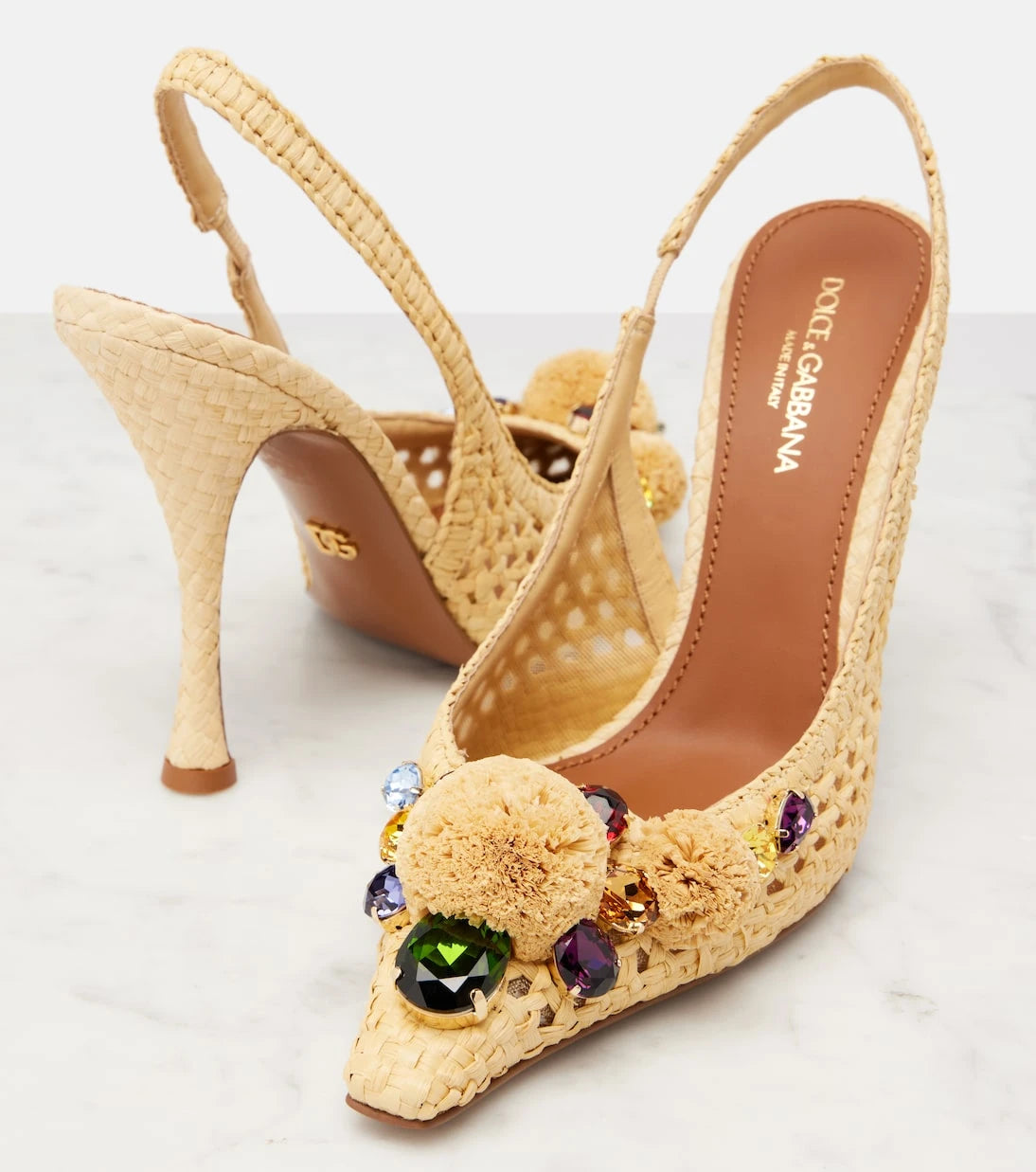 Dolce&Gabbana - Embellished raffia-effect slingback pumps