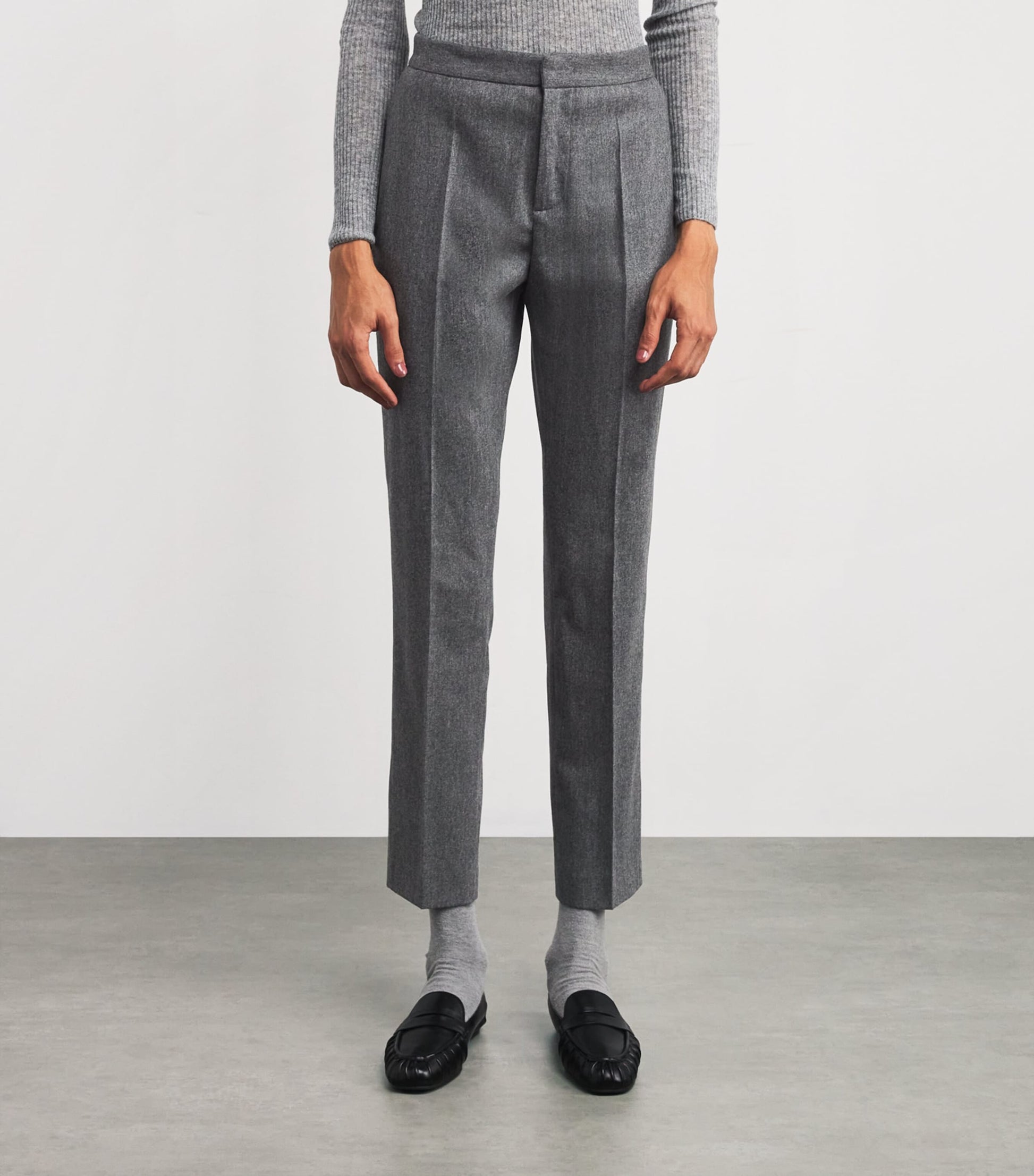 Grey Wool-Cashmere High-Rise Straight Trousers