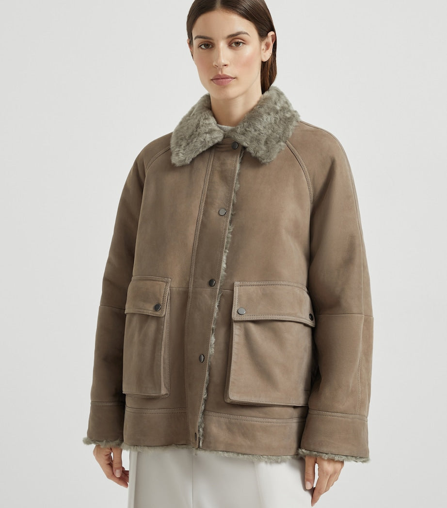 Brunello Cucinelli Beige Shearling-Lined Leather Jacket