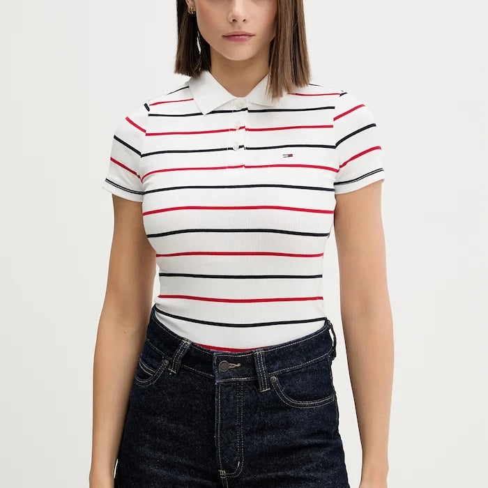 Tommy Jeans yakalı kadın pamuklu elastan tişört