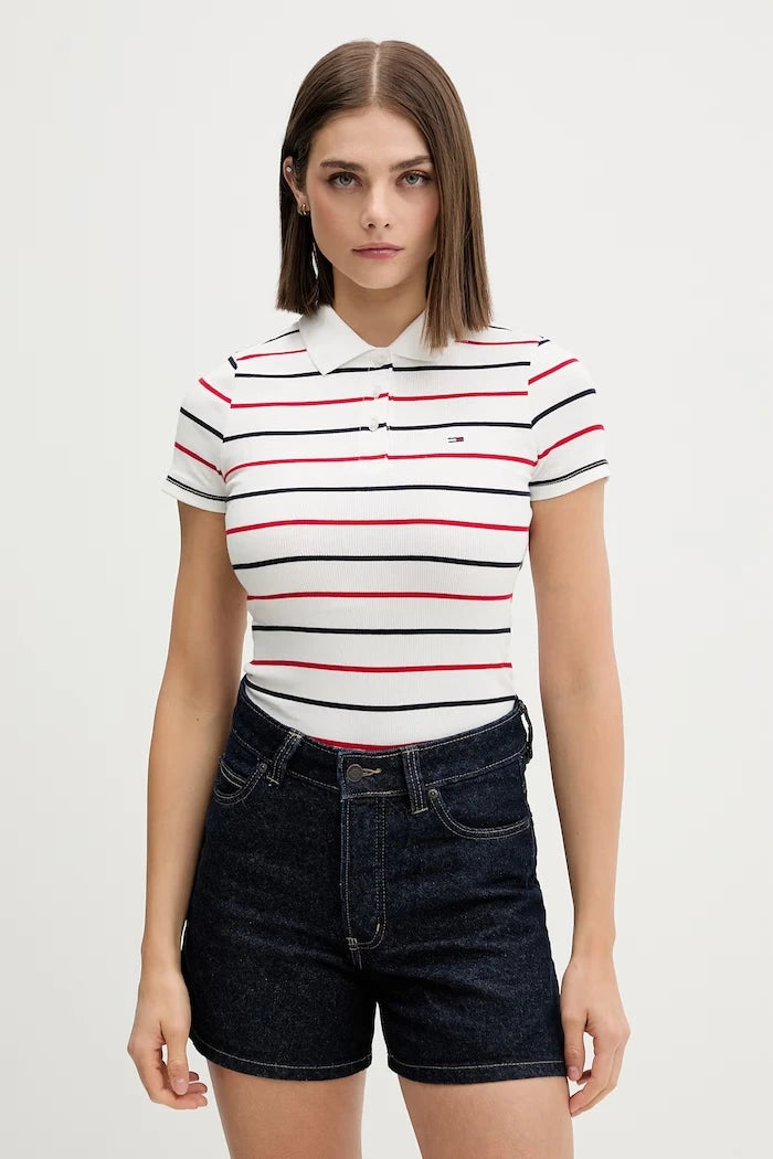 Tommy Jeans yakalı kadın pamuklu elastan tişört