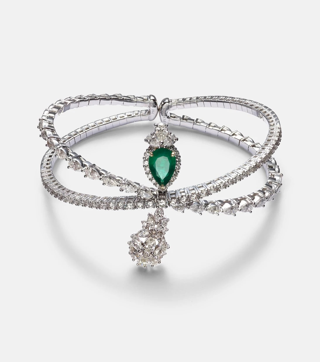 Yeprem - Reign Supreme 18kt white gold bangle with diamonds and emerald