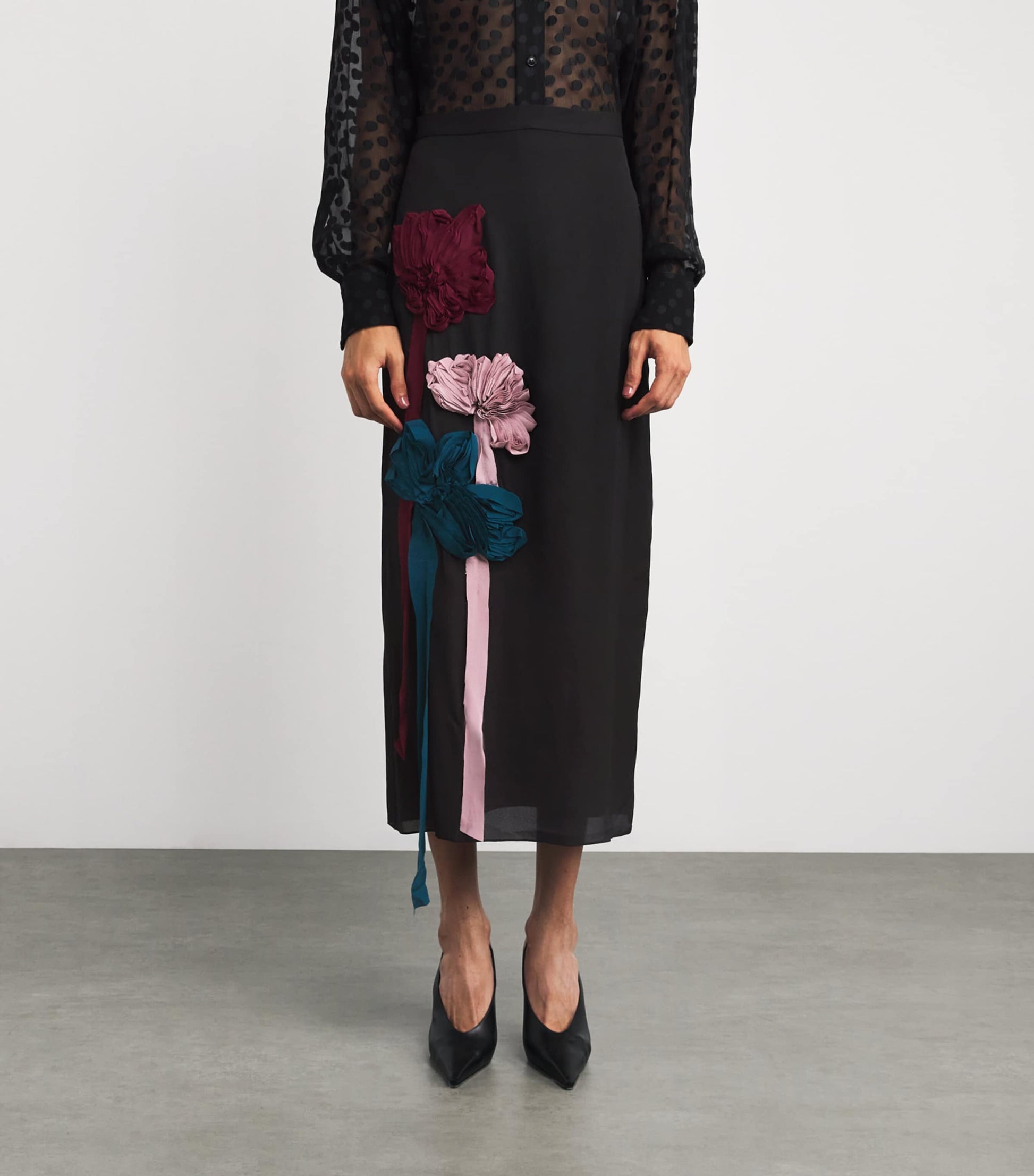 Erdem Black Silk-Blend Georgette Appliqué Midi Skirt