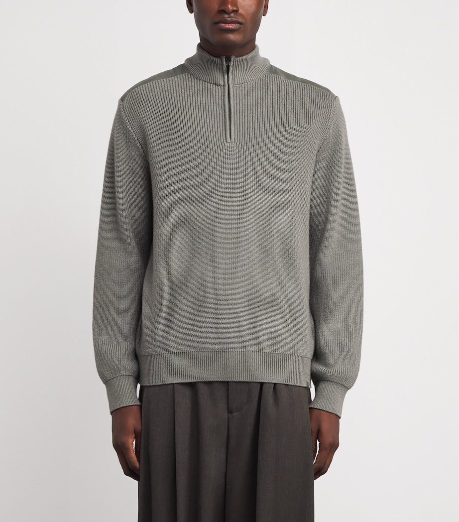 Paul & Shark Green Virgin Wool-Silk Quarter-Zip Sweater