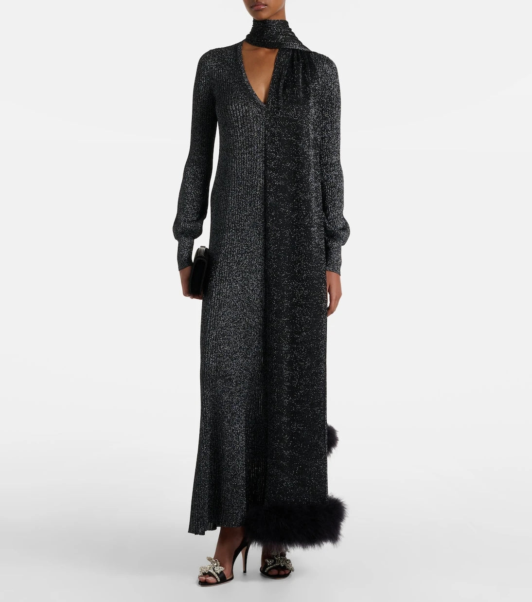 Valentino - Feather-trimmed lamé maxi dress