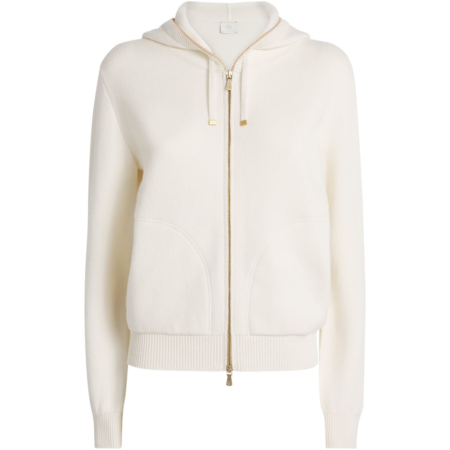 White Cashmere-Cotton Blend Zip-Up Hoodie