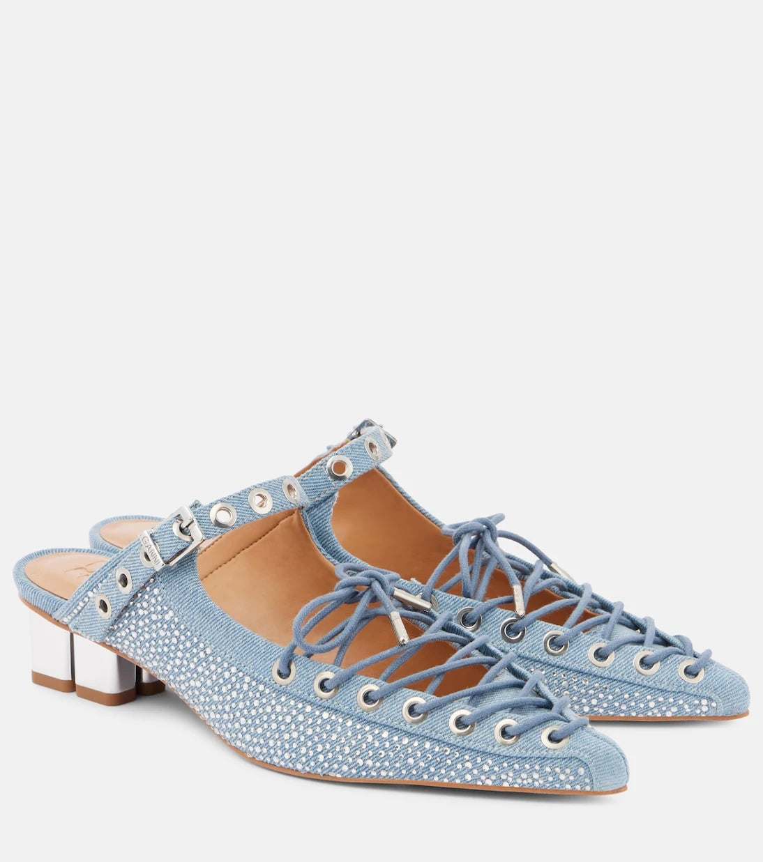 Ganni - Embellished lace-up denim mules